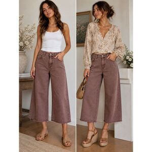 Sugar Magnolia Milk Chocolate Brown Wide Leg Cropped Jeans Distressed Hem Medium